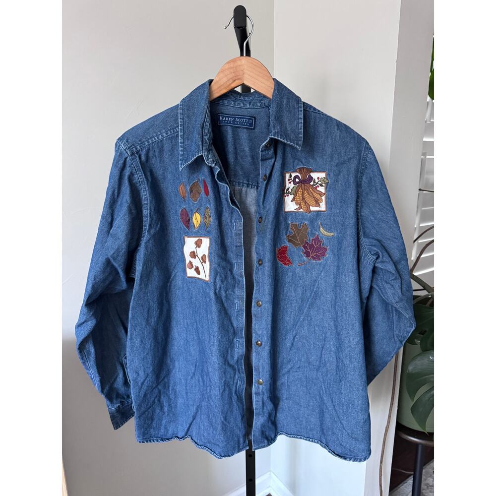 Retro Fall‎ Embroidered Denim Long Sleeve Top Womens Cottage Casual